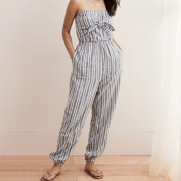 aerie Pants - NWT Aerie Blue Stripe Cotton Strapless Jumpsuit